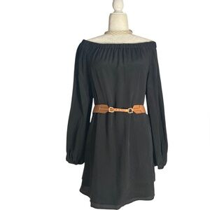 Lavender Brown Silk Chiffon Mini Dress Off the Shoulder Long Sleeves Black